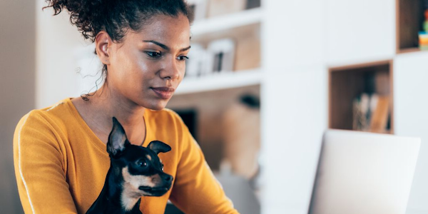 illustratie vrouw met hondje kijkt op laptop