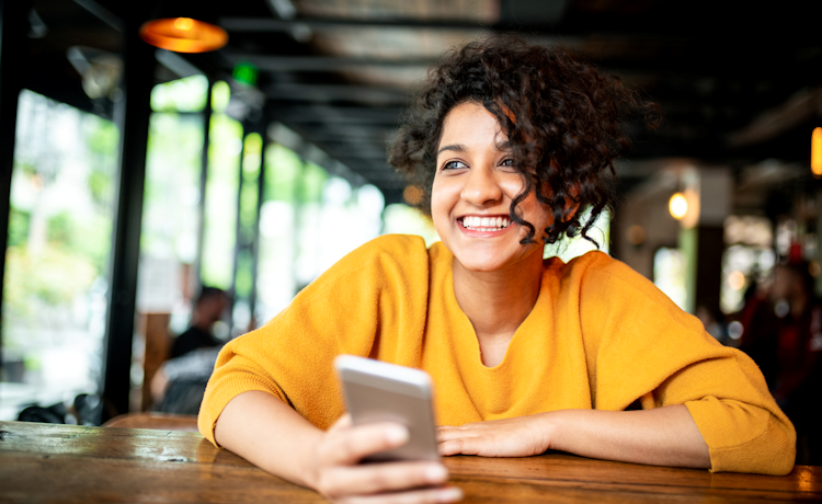 Illustration woman in yellow sweater with mobile phone